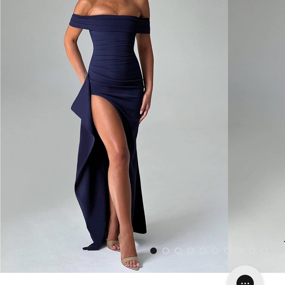 Navy Blue Off-Shoulder Slit Gown